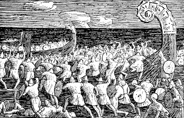 Le bateau le Grand Serpent attaqué lors de la bataille de Svolder - illustration de Halfdan Egedius